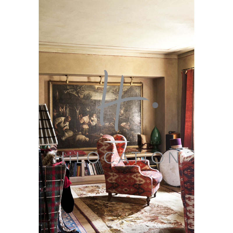 Detail Of The Red Livingroom,Jacopo Da Bassano Painting On The Wall,kilim Amchair And Aubusson Carpet At Valerio And Maddalena Marcon's Home In Asolo
